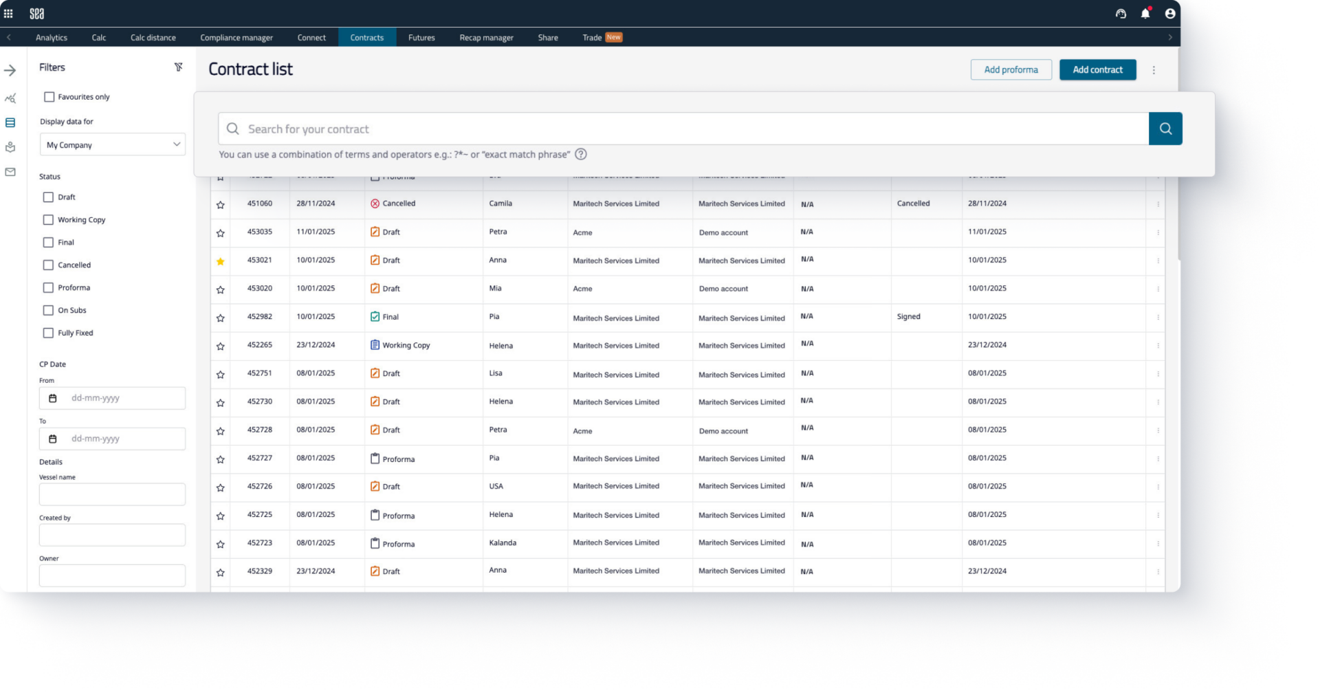 Sea Contract Management solution - Charterparty List